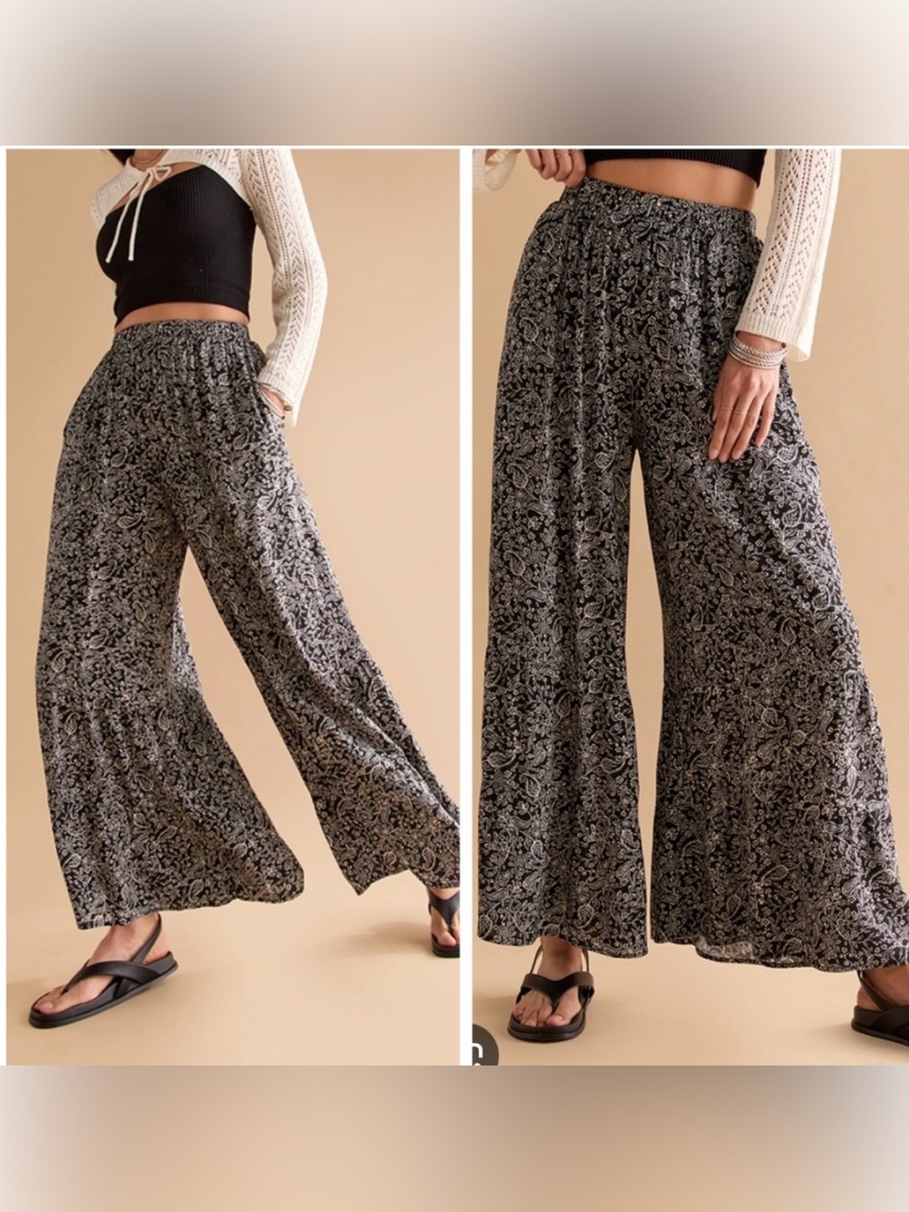 Francesca's Collections Black Paisley Wide-Leg Lounge Pants